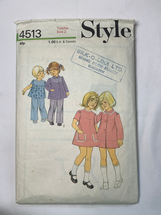 Style Sewing Pattern 4513 Toddlers' Coat, Dress, Tunic, Trousers, Pants, Button Front, Pockets, Size 2, Cut, Vintage 1973