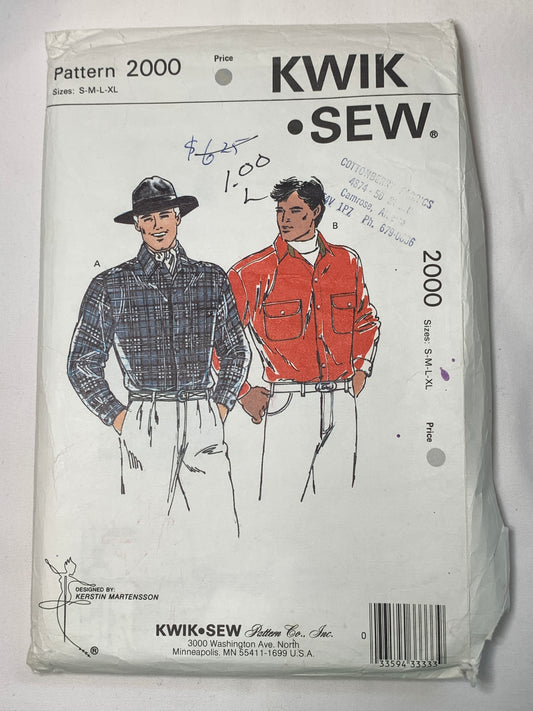 KWIK Sewing Pattern 3506 Men's Shirt, Long Sleeves, Button/Snap Front, Collar, Size 34-48, Cut, Vintage 1984