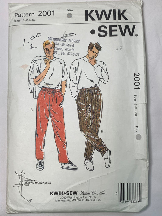 Kwik Kerstin Martensson Sewing Pattern 2001 Men's Pants, Pull-On, Elastic Waist, Pockets, Drawstrings, Size 28-42, Cut, Vintage 1994