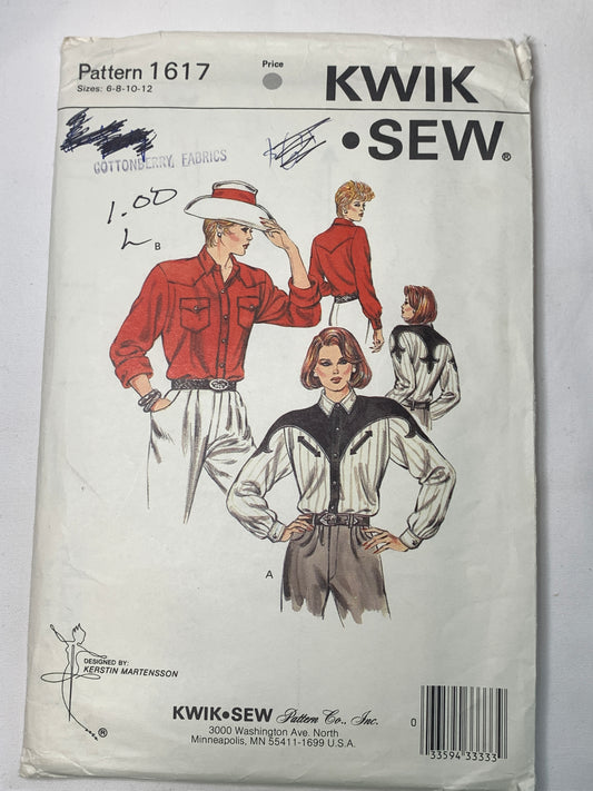 KWIK Sewing Pattern 1617 Misses' Shirts, Button Front, Pockets, Long Sleeves, Collar, Size 32-37 Uncut, Vintage 1999