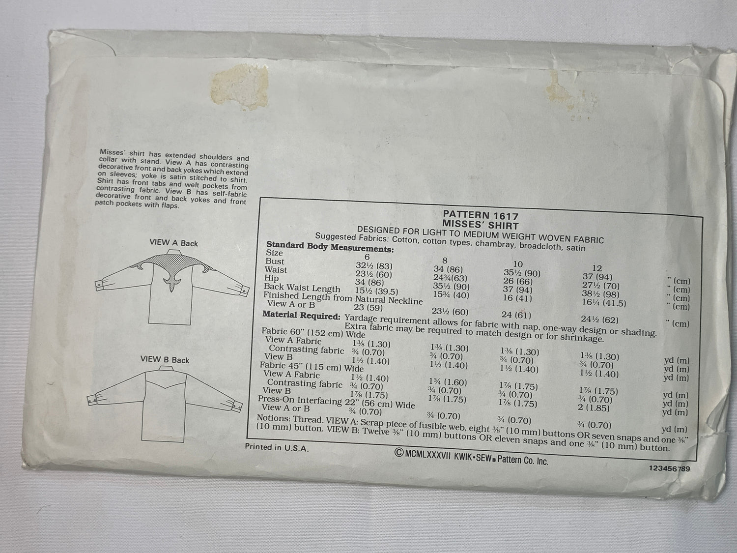 KWIK Sewing Pattern 1617 Misses' Shirts, Button Front, Pockets, Long Sleeves, Collar, Size 32-37 Uncut, Vintage 1999