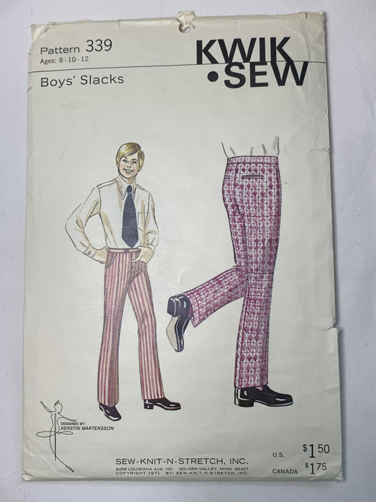 KWIK Sewing Pattern 339 Boys' Pants, Slacks, Pockets Fly Zipper, Size 8-12, Cut, Vintage 1970