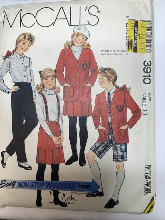 McCall's Sewing Pattern 3910 Girls' Unlined Jacket, Shirt, Skirt, Pants, Shorts, Pockets, Side Zipper, Shoulder Pads, Size 10, Cut, Vintage 1997