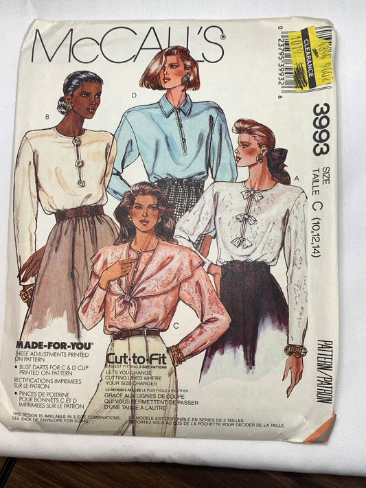 McCall's Sewing Pattern 3993 Misses' Blouse, 4 Variations, Long Sleeves, Button Front, Size 10-14, Uncut, Vintage 1989