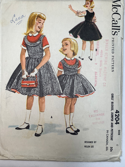 McCall's Sewing Patterns 4204 Girl's Dress, Button Back, Long/Short Sleeves, 2 Variations, Flared, Size 6, Cut, Vintage 1950