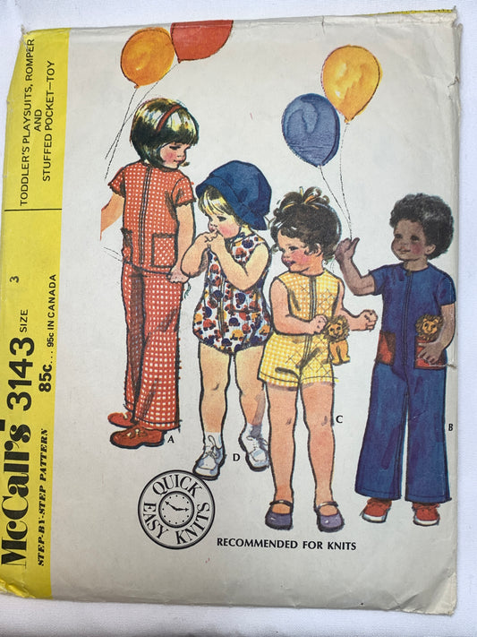 McCall's Sewing Pattern 3143 Toddlers' Playsuits, Romper, Stuffed Pocket Toy, Snap Crotch, Short Sleeves, Size 3, Cut, Vintage 1996
