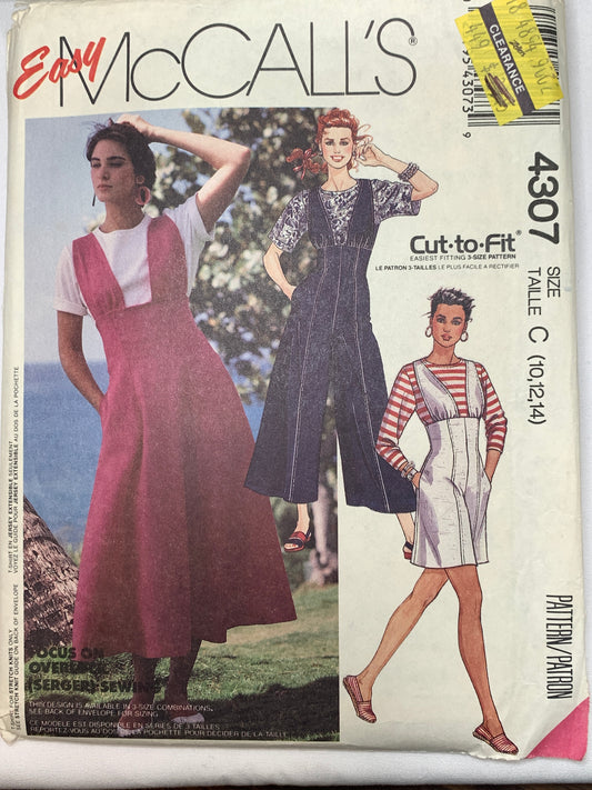 McCall's Sewing Pattern 4307 Misses' T-Shirt, Skirt, Pants, Shorts, Pullover, Zipper Back, Pockets, Size 10-14, Cut, Vintage 1989