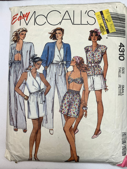 McCall's Sewing Pattern 4310 Misses' Unlined Jacket, Wrap-Top, Bra, Pants, Shorts, Pockets, Size 10-12, Cut, Vintage 1989