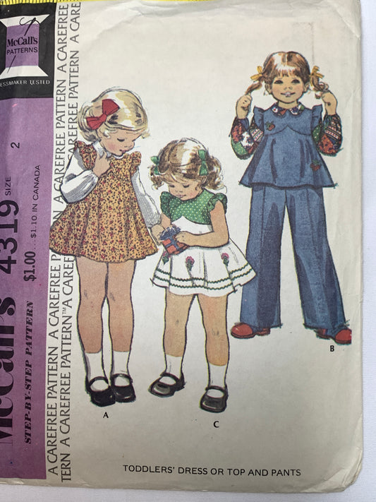 McCall's Sewing Pattern 4319 Toddlers Dress, Top, Pants, Zipper Back, Elastic Waistband, Long/Short Sleeves, Size Cut, Vintage 1975