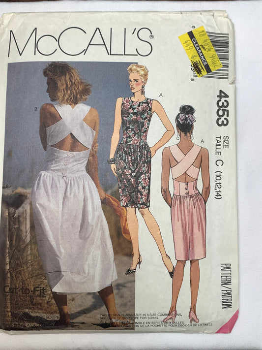 McCall's Sewing Pattern 4353 Misses' Dresses, 2 Variations, Cross Straps, Button Back, Zipper, Size 10-14, Cut, Vintage 1989