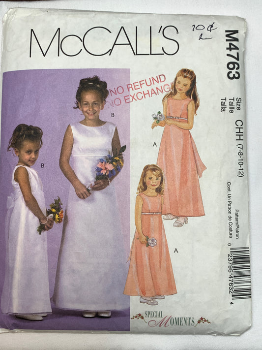 McCall's Sewing Patterns M4763 Girls' Dress, Zipper Back, Sleeveless, Tie Back, Zipper Back, Bow, Size 7-8, Cut, 2005
