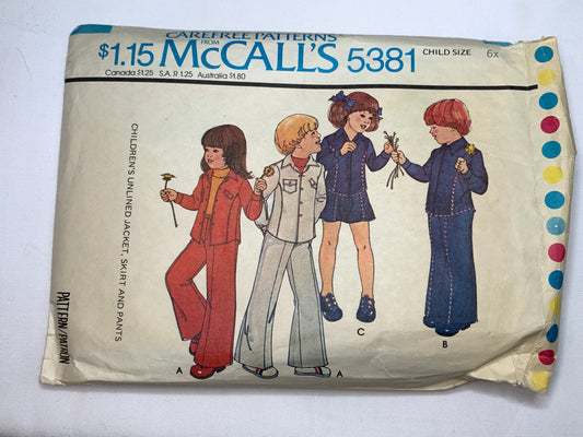 McCall's Sewing Pattern 5381 Boy's/Girls' Unlined Jacket, Pants, Skirt, Long Sleeves, Zipper Front, Pockets, Size 6x, Cut, Vintage 1976