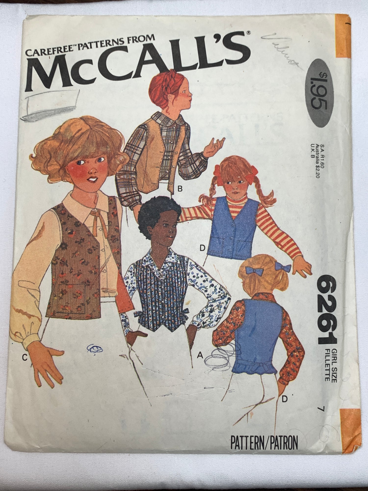 McCall's Sewing Pattern 6260 Girls' Vest, 4 Variations, Sleeveless, Button Front, Tie Belts, Pockets, Size 7, Cut, Vintage 1978