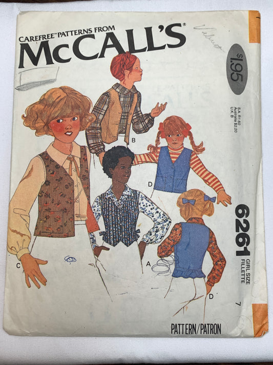 McCall's Sewing Pattern 6260 Girls' Vest, 4 Variations, Sleeveless, Button Front, Tie Belts, Pockets, Size 7, Cut, Vintage 1978