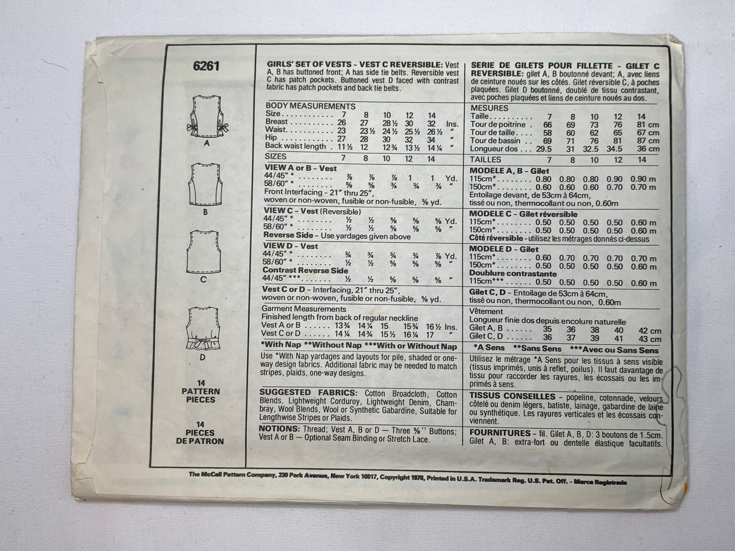 McCall's Sewing Pattern 6260 Girls' Vest, 4 Variations, Sleeveless, Button Front, Tie Belts, Pockets, Size 7, Cut, Vintage 1978
