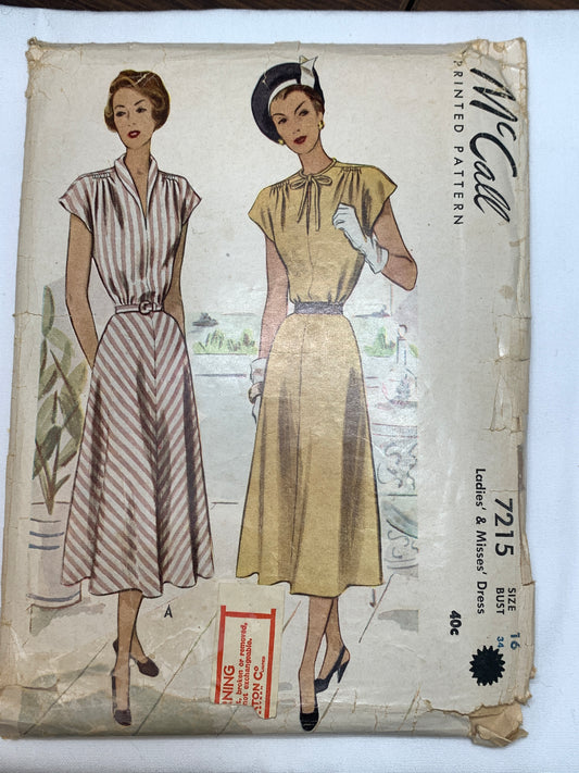 McCall's Sewing Pattern 7215 Misses' Dresses, 2 Variations, Short Sleeves, Pullover, Shoulder Pads, Size 16, Cut, Vintage 1948
