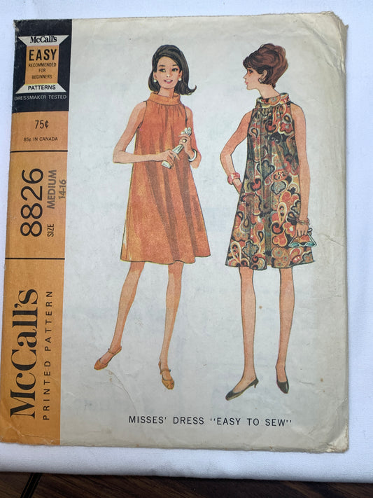 McCall's Sewing Pattern 8826 Misses' Dresses, 2 Variations, Zipper Back, Sleeveless, Size 14-16, Cut, Vintage 1967