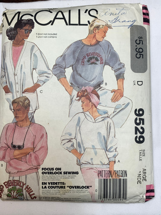 McCall's Sewing Pattern 9529 Misses'/Men's Tops, Cardigan, Stretch Knits, Pullover, Hood, Pockets, Long Sleeves, Button Front, Size Lrg, Cut, Vintage 1985