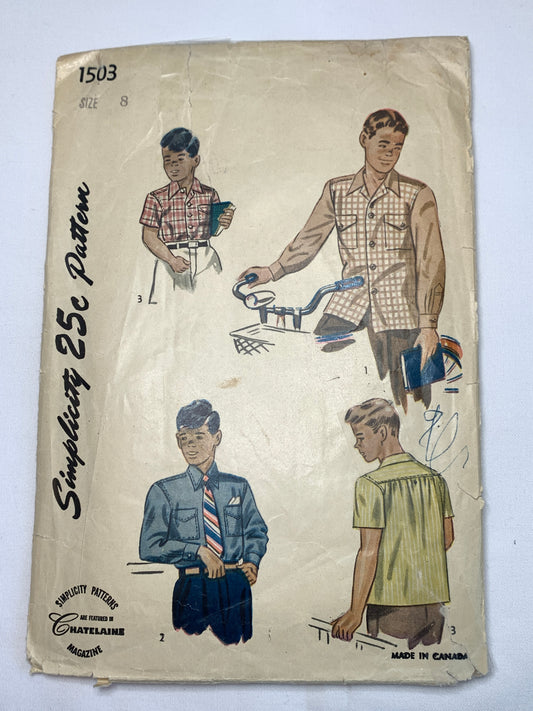Simplicity Sewing Pattern 1503 Boys' Shirt, Long/Short Sleeves, Pockets, Button Front, Collar, Size 8, Cut, Vintage 1947