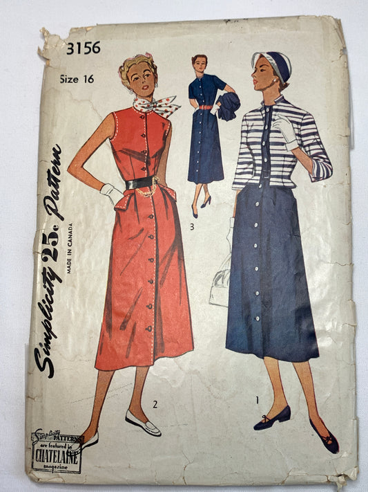 Simplicity Sewing Pattern 3156 Misses' One Piece Dress, Jacket, Long Sleeves, Sleeveless, Button Front, Pockets, Size 16, Cut, Vintage 1950