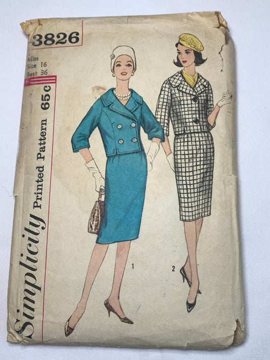 Simplicity Sewing Pattern 3826 Misses' Suit, Double Breasted, Skirt, Lined Jacket, Side Zipper, Back Belt, Size 16, Cut, Vintage 1950
