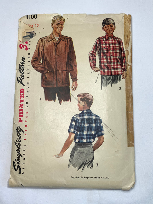 Simplicity Sewing Pattern 4100 Boy's, Shirt, Collar, Button Front, Long/Short Sleeves, Pockets, Fitted, Size 10, Cut, Vintage 1950