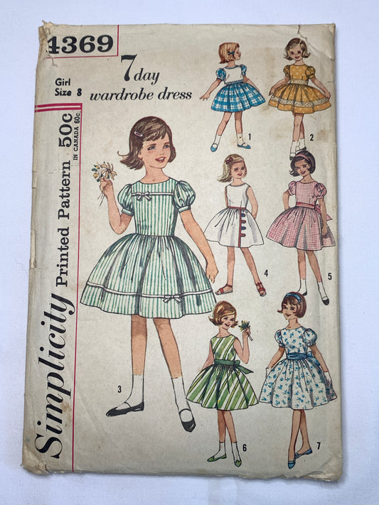 Simplicity Sewing Pattern 4369 Girls' 7 Day Dresses, Sleeveless, Short Sleeves, Button Back, Sleeveless, Gathered Flared Skirt, Size 8, Cut, Vintage 1950