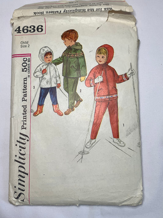 Simplicity Sewing Pattern 4636 Child's Hooded Jacket, Pants, Elastic Waist, Long Sleeves, Suspenders, Zipper Front, Size 2, Cut, Vintage 1964