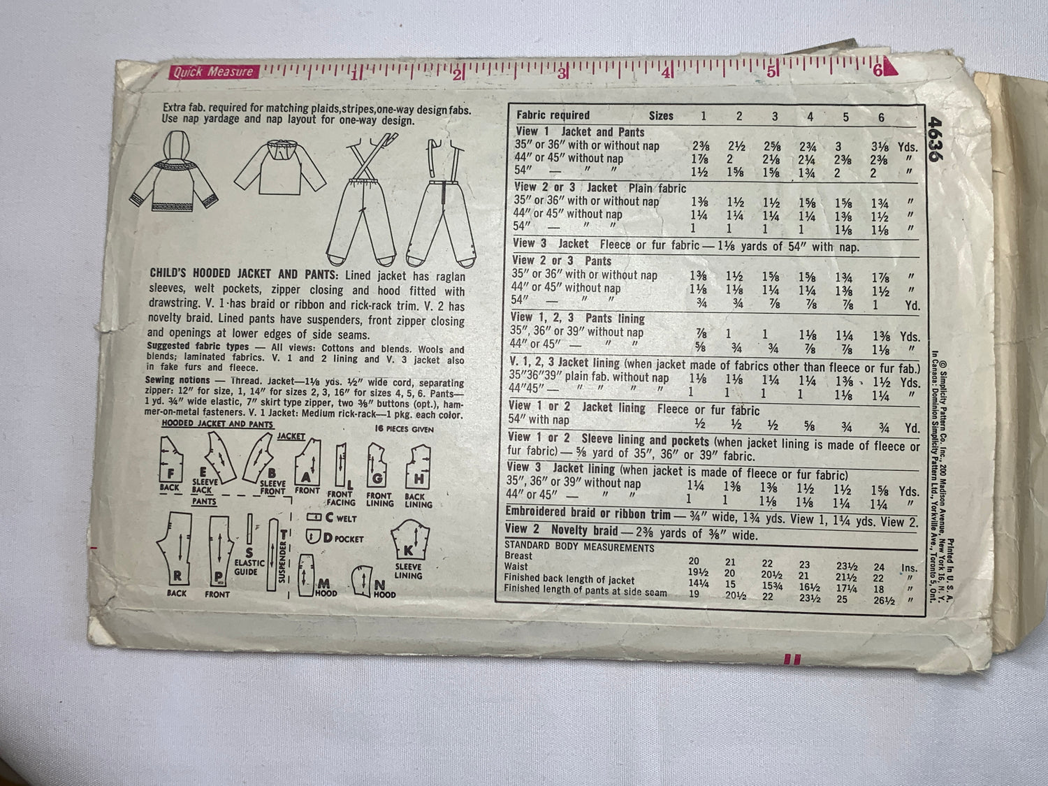 Simplicity Sewing Pattern 4636 Child's Hooded Jacket, Pants, Elastic Waist, Long Sleeves, Suspenders, Zipper Front, Size 2, Cut, Vintage 1964