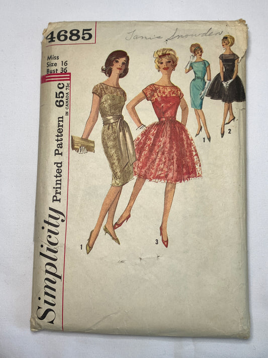 Simplicity Sewing Pattern 4685 Misses' Dresses, Zipper Back, Short Sleeves, Sleeveless, Kimono, Size 16 Cut, Vintage 1960