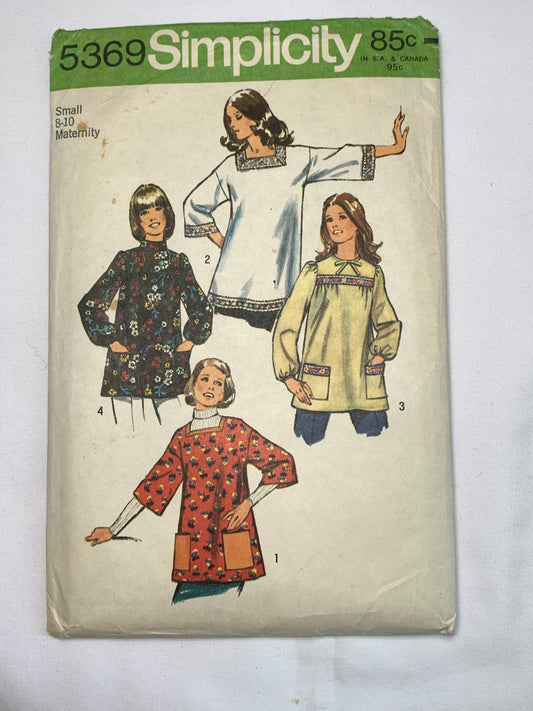 Simplicity Sewing Pattern 5369 Misses' Maternity Tops, Long Sleeves, Zipper Back, Pockets, Size 8-10, Uncut, Vintage 1972