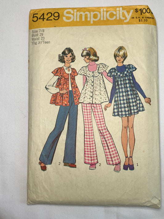 Simplicity Sewing Pattern 5429 Junior/Misses'/Teens' Pants, Two Lengths, Mini-Jumper, Size 7-8, Cut, Vintage 1971