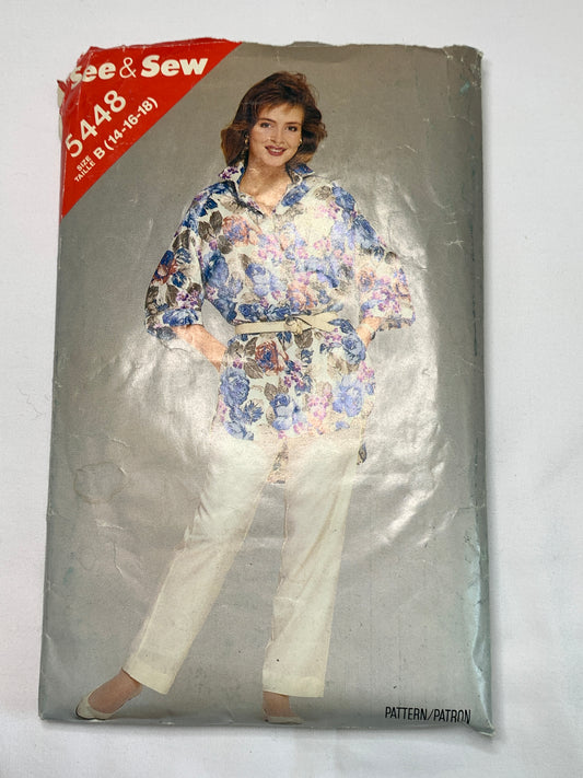 Butterick See & Sew Sewing Pattern 5448 Misses' Shirt, Pants, Loose-Fitting, Pocket, Button Front, Elastic Waist, Size 14-18, Cut, Vintage 1985