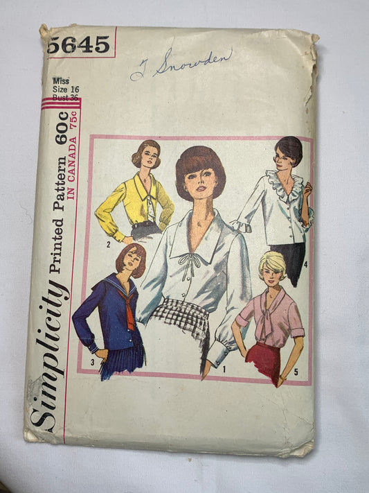 Simplicity Sewing Pattern 5645 Misses' Blouses, Button Front, Long/Short Sleeves, Collar, 5 Variations, Size 16, Cut, Vintage 1964