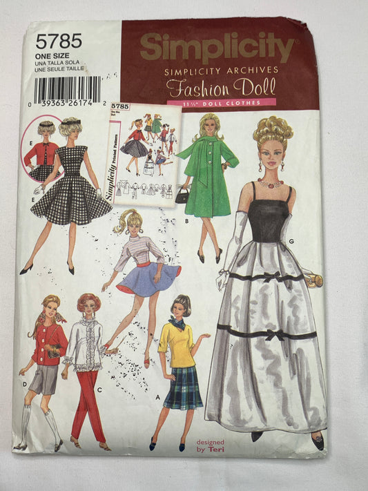Simplicity Sewing Pattern 5785 Girl's 11 1/2 Inch Fashion Dolls, Dress, Kimono, Blouse, Shirt, Pants, Cut, 2002