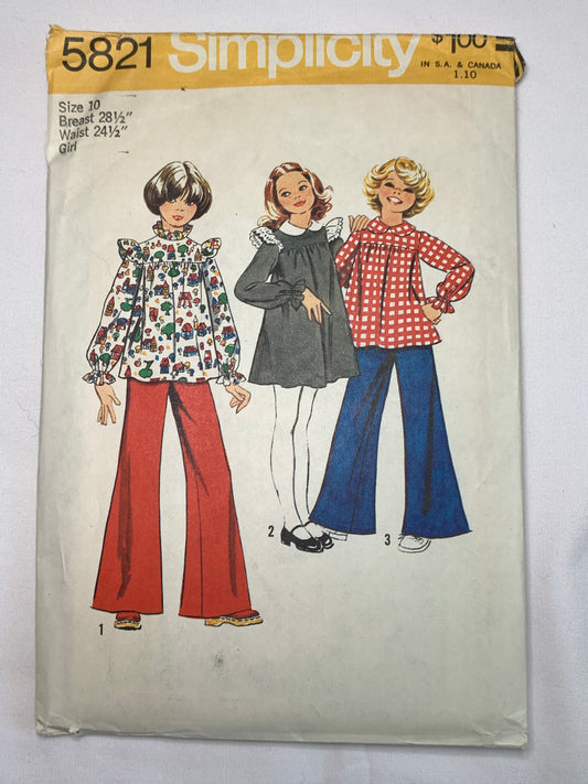 Simplicity Sewing Pattern 5821 Girls' Dress, Tunic, Wide Leg Pants, Back Zipper, Long Sleeves, Elastic Wrists/Waist, Size 10, Cut, Vintage 1973