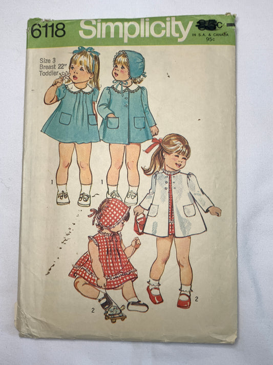 Simplicity Sewing Pattern 6118 Toddlers' Coat, Dress, Hat, Long/Short Sleeves, Sleeveless, Zipper Back, Size 3, Cut, Vintage 1973