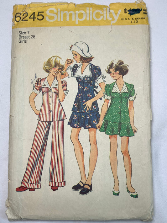 Simplicity Sewing Pattern 6245 Girls'/Chubbies'  Dress, Top, Pants, Zipper Back, Short Sleeves, Size 7, Cut, Vintage 1974