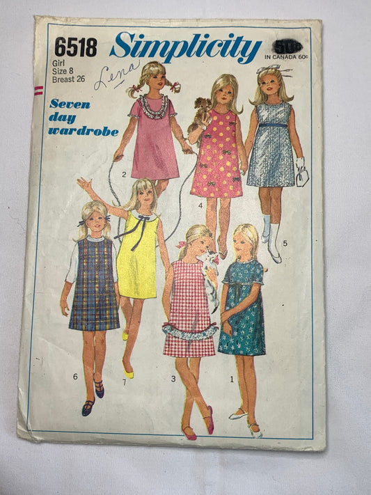 Simplicity Sewing Pattern 6518 Girls' One-Piece Dress, Jumper, Detachable Collar, Sleeveless, Short Sleeves, Zipper Back, Size 8, Cut, Vintage 1966
