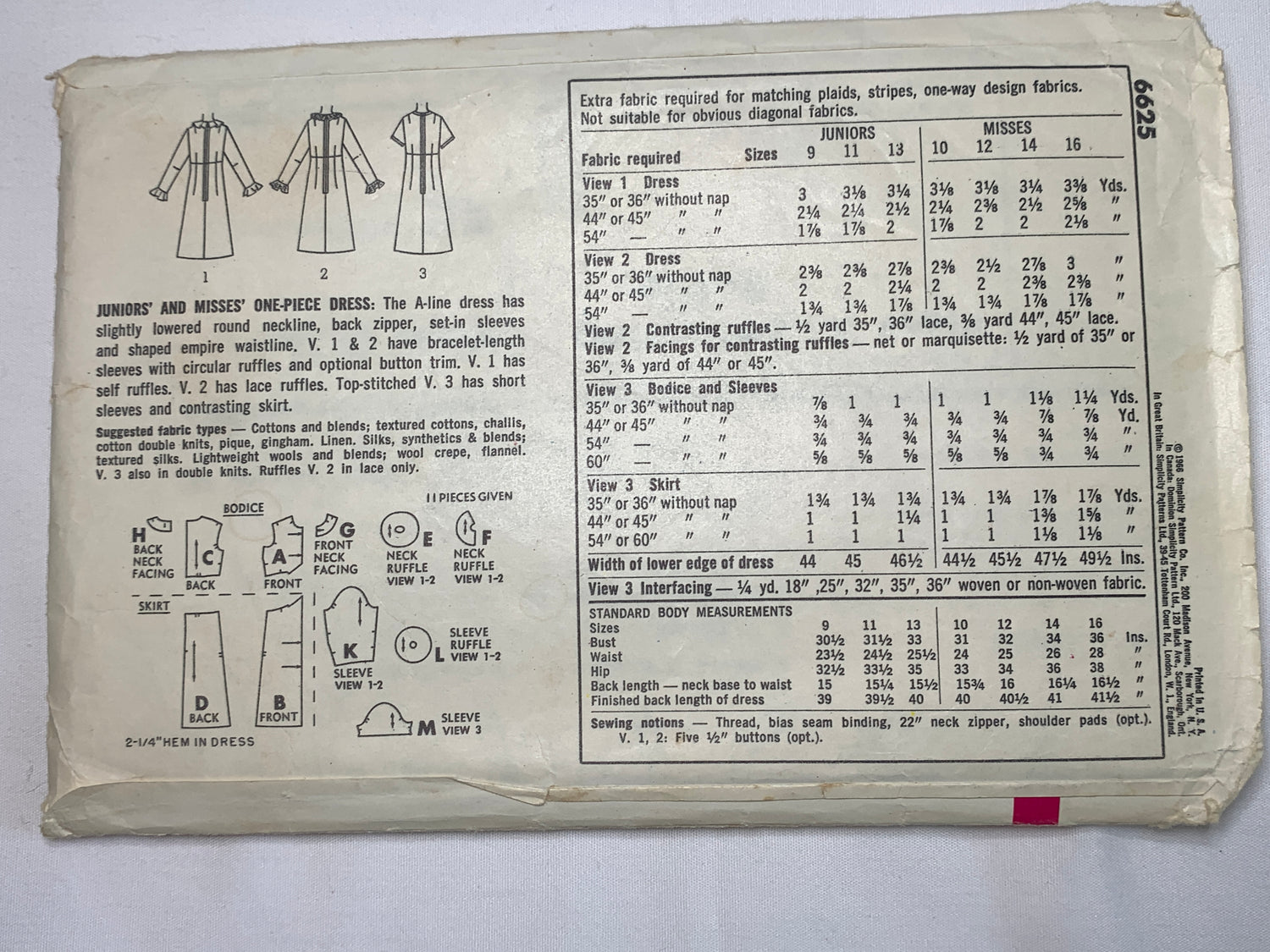Simplicity Sewing Pattern 6625 Misses' One-Piece Dress, A-Line, Zipper Back, Empire Waistline, Ruffles, Size 9, Cut, Vintage 1968