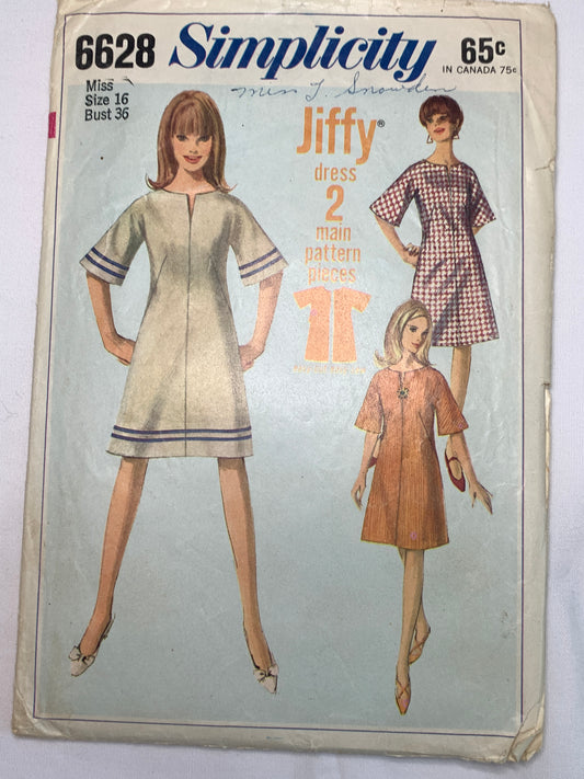 Simplicity Sewing Pattern 6628 Misses' Jiffy Dresses, Zipper Back, Shoulder Pads, Kimono Elbow Sleeves, Size 16,  Cut, Vintage 1966