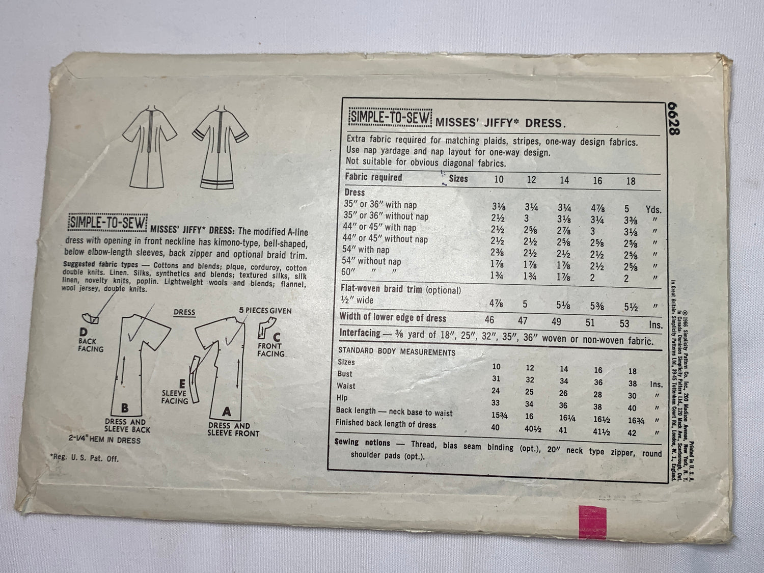 Simplicity Sewing Pattern 6628 Misses' Jiffy Dresses, Zipper Back, Shoulder Pads, Kimono Elbow Sleeves, Size 16,  Cut, Vintage 1966