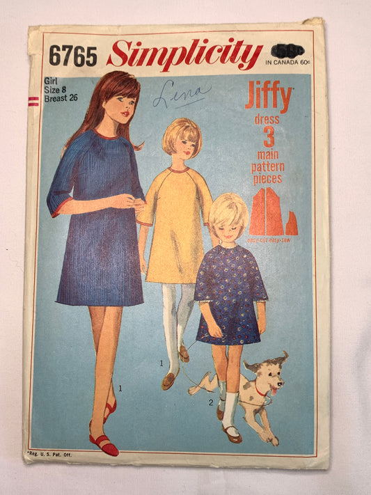 Simplicity Jiffy Sewing Pattern 6765 Girls' Dress, Zipper Back, Collarless, Long Raglan Sleeves, A-Line, Size 8, Cut, Vintage 1966