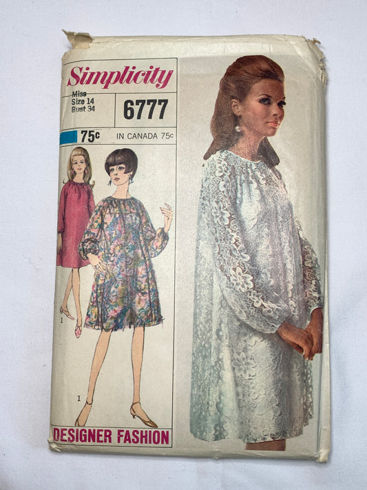 Simplicity Sewing Pattern 6777 Misses' Dresses, Slip, Side Zipper, Shoulder Straps, Slits, Size 14, Cut, Vintage 1966