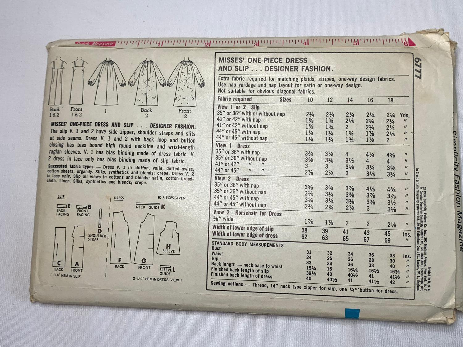 Simplicity Sewing Pattern 6777 Misses' Dresses, Slip, Side Zipper, Shoulder Straps, Slits, Size 14, Cut, Vintage 1966