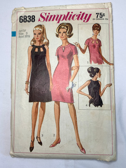 Simplicity Sewing Pattern 6838 Misses'/Juniors' One Piece Dress, A LIne, Zipper Back, Short Raglan Sleeves, Sleeveless, Size 9, Cut, Vintage 1966