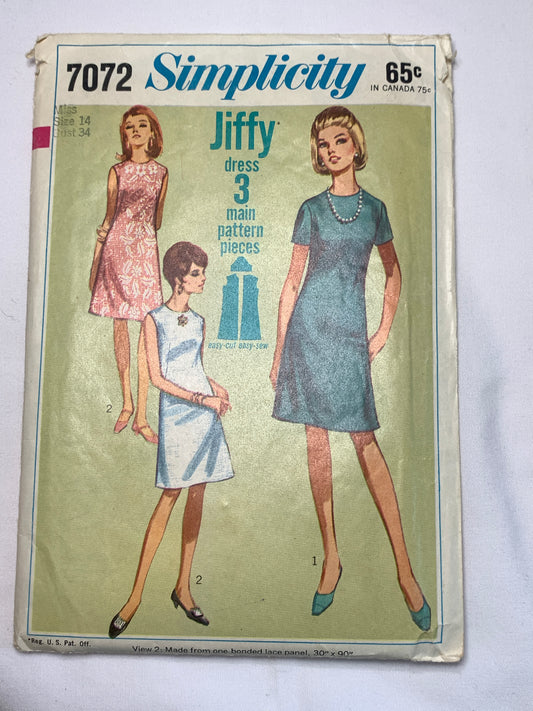 Simplicity Sewing Pattern 7072 Misses' Jiffy Dresses, Zipper Back, Short Sleeves, Sleeveless, Size 14 Cut, Vintage 1967