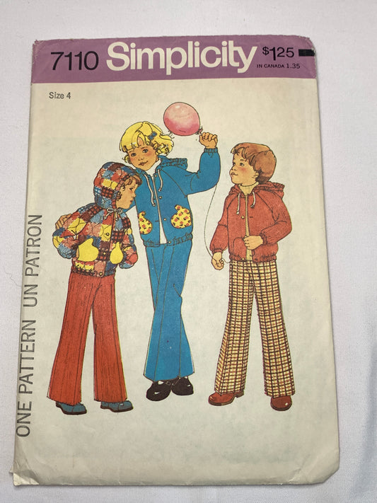 Simplicity Sewing Pattern 7110 Child's/Boys'/Girls' Unlined  Hooded Jacket, Pants, Button Front, Elastic Waist, Size 4, Cut, Vintage 1974