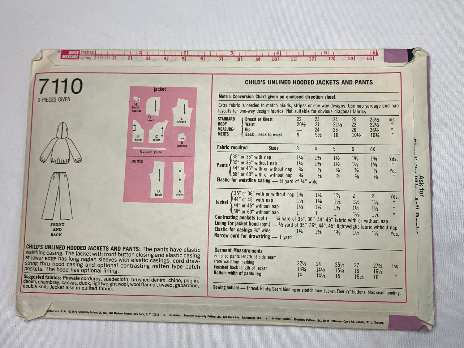 Simplicity Sewing Pattern 7110 Child's/Boys'/Girls' Unlined  Hooded Jacket, Pants, Button Front, Elastic Waist, Size 4, Cut, Vintage 1974