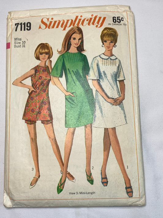 Simplicity Sewing Pattern 7119 Misses' Dresses, Two Lengths, Short Sleeves, Shorts, Sleeveless, Zipper Back, Size 10, Cut, Vintage 1967